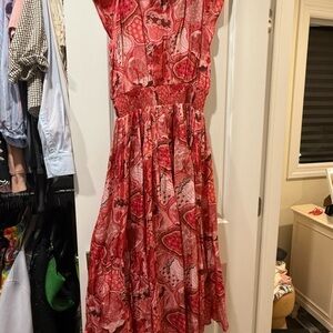 Chufy - Silk Elegant Red Tiered Patterned Dress